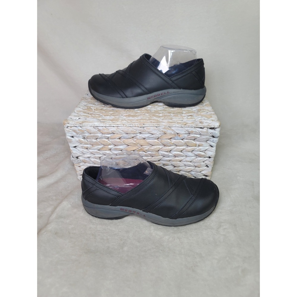 Merrell Encore Frame Black Leather Slip On Clogs Mules Performance Size 8.5